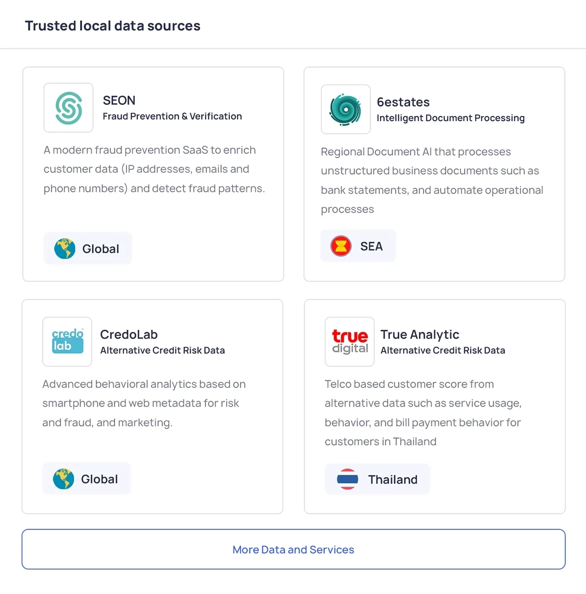 Pick fraud services and trusted local data sources as you expand